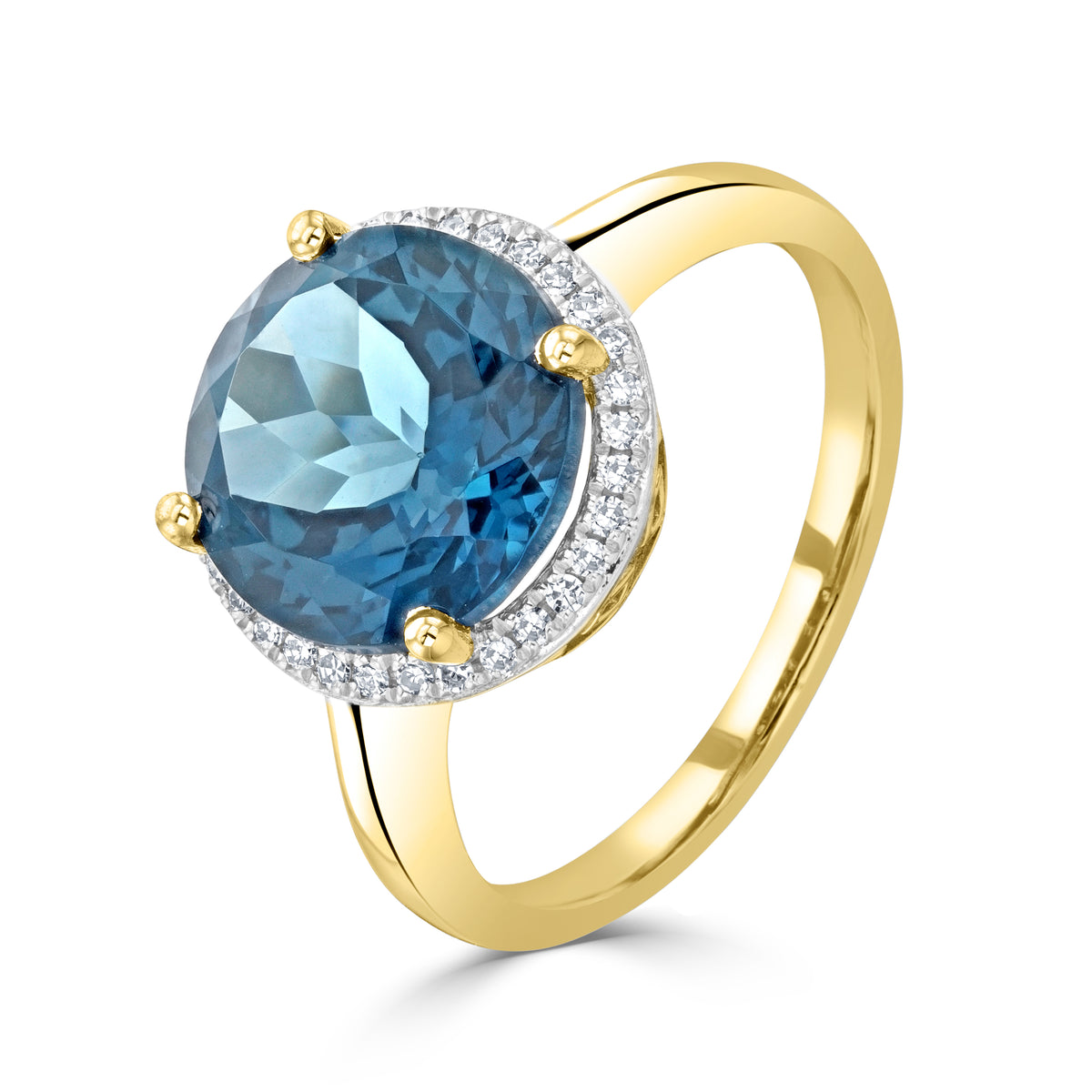 9CT YELLOW GOLD ROUND 10MM LONDON BLUE TOPAZ & DIAMOND CLUSTER RING