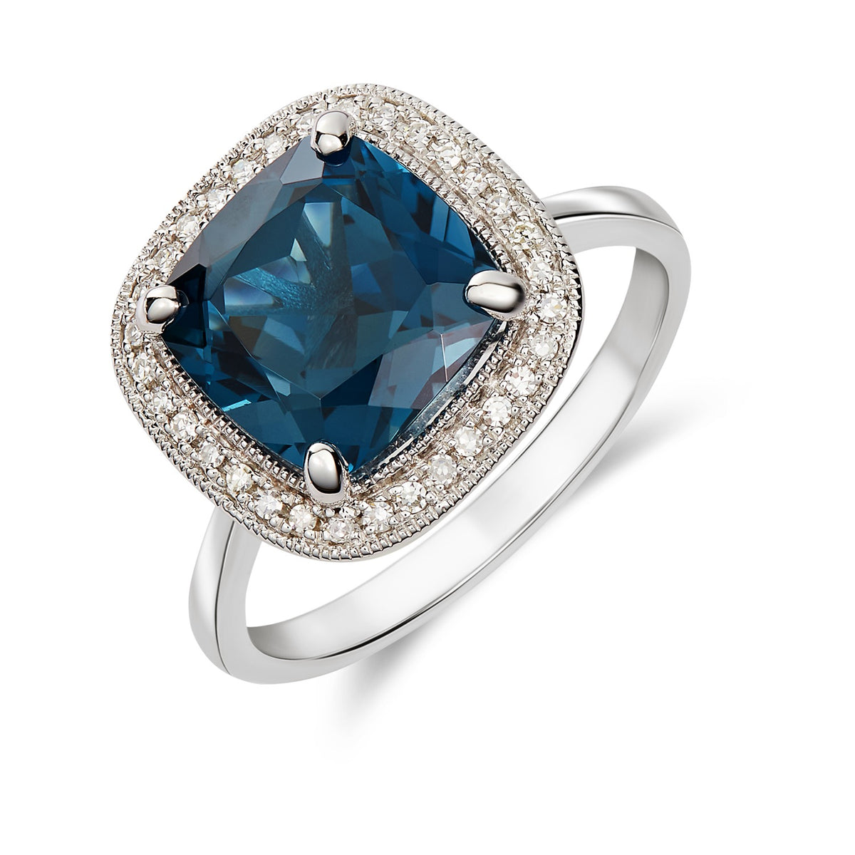 9CT WG 9MM CUSHION LONDON BLUE TOPAZ AND DIAMOND CLUSTER RING WITH MILLEGRAIN EDGE