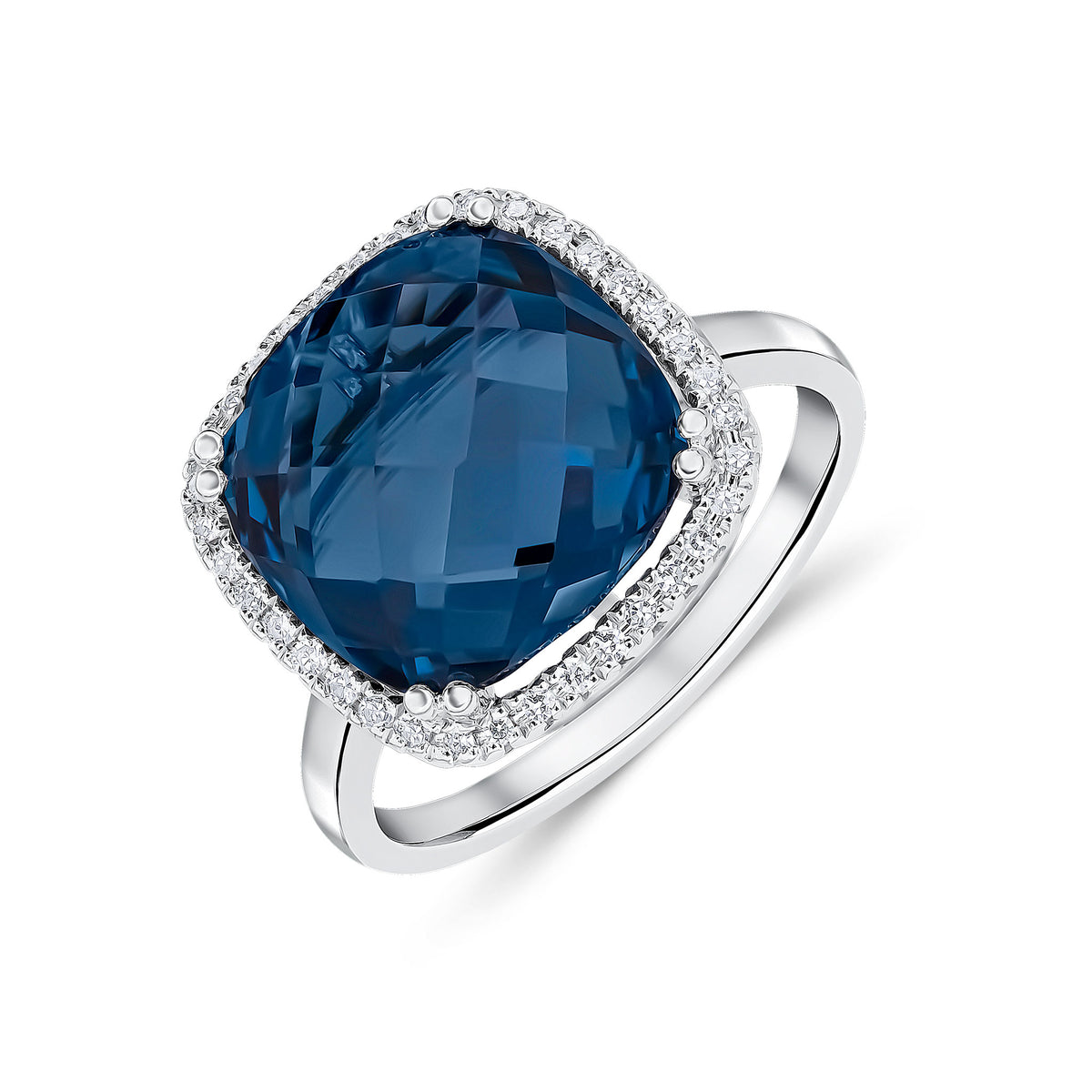 9CT WG 12MM CHECKERBOARD CUT CUSHION LONDON BLUE TOPAZ AND ROUND DIAMOND CLAW SET CLUSTER RING
