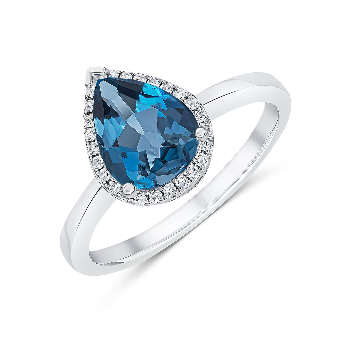 9CT WG 9X7 PEARSHAPE LONDON BLUE TOPAZ & DIAMOND CLAW SET CLUSTER RING