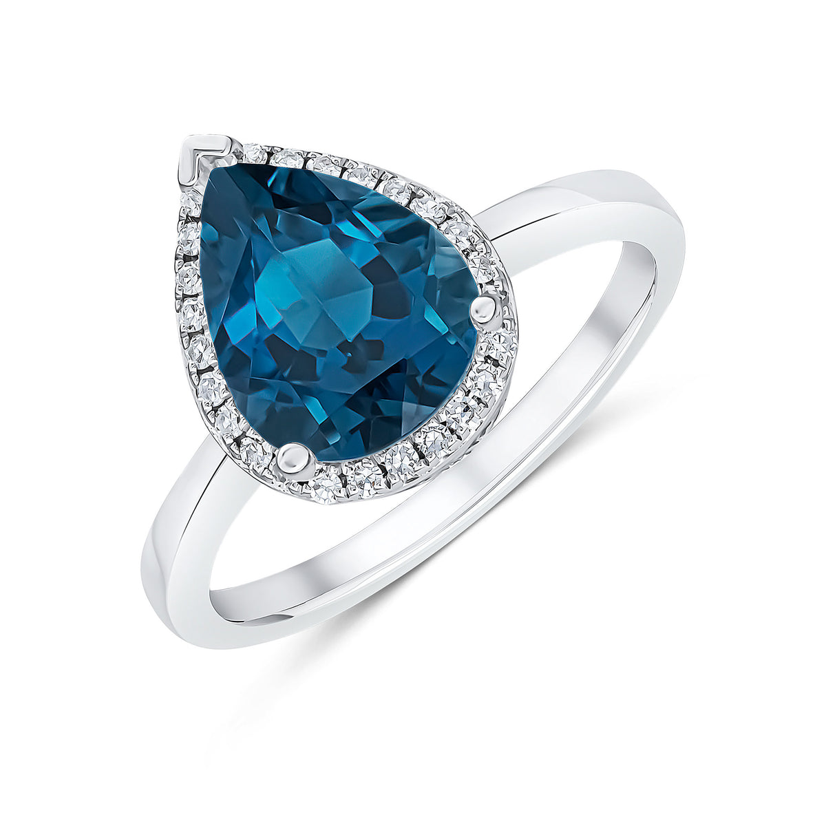 9CT WHITE GOLD 10X8 PEAR LONDON BLUE TOPAZ & DIAMOND CLUSTER RING