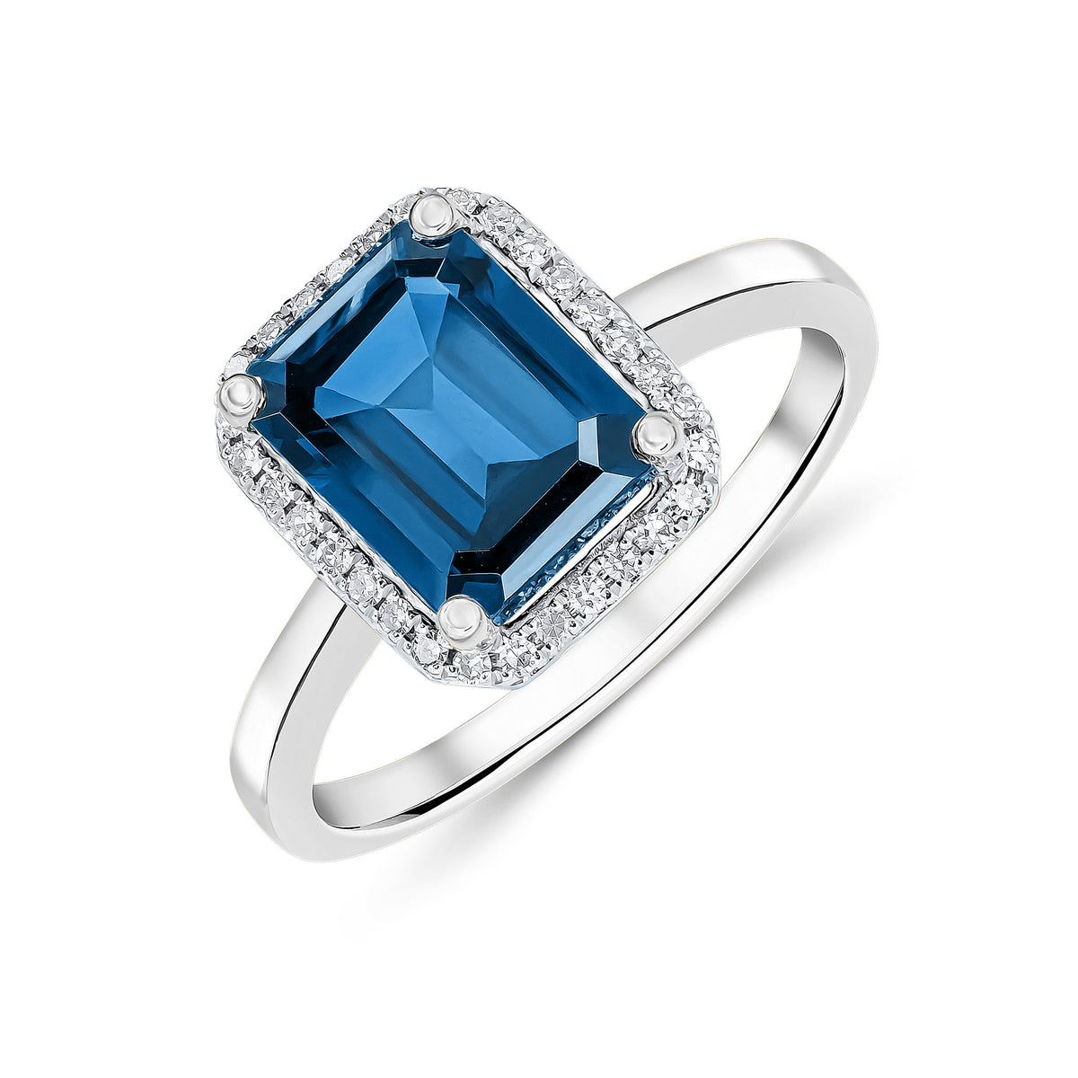 9CT WG 9X7 OCTAGON LONDON BLUE TOPAZ & DIAMOND CLAW SET CLUSTER RING