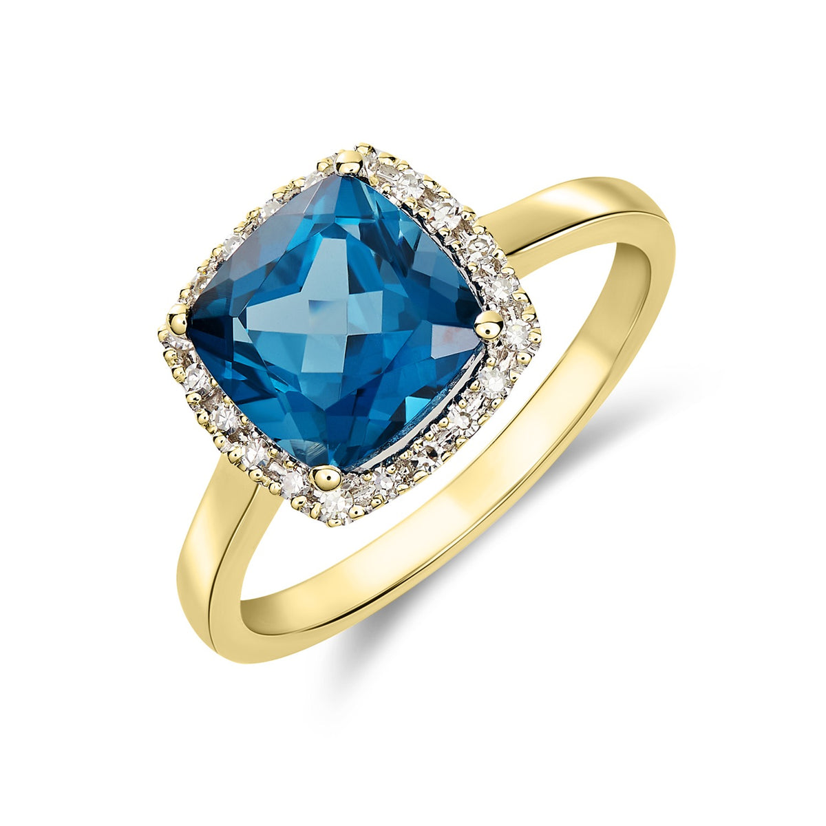 9CT YG 8MM CUSHION LONDON BLUE TOPAZ AND ROUND DIAMOND CLAW SET CLUSTER RING. RHODIUM TO DIAMONDS