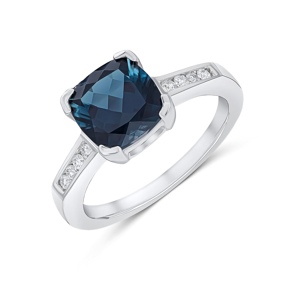 9CT WG CLAW SET CUSHION LONDON BLUE TOPAZ SINGLE STONE RING WITH CHANNEL SET DIAMOND SHOULDERS