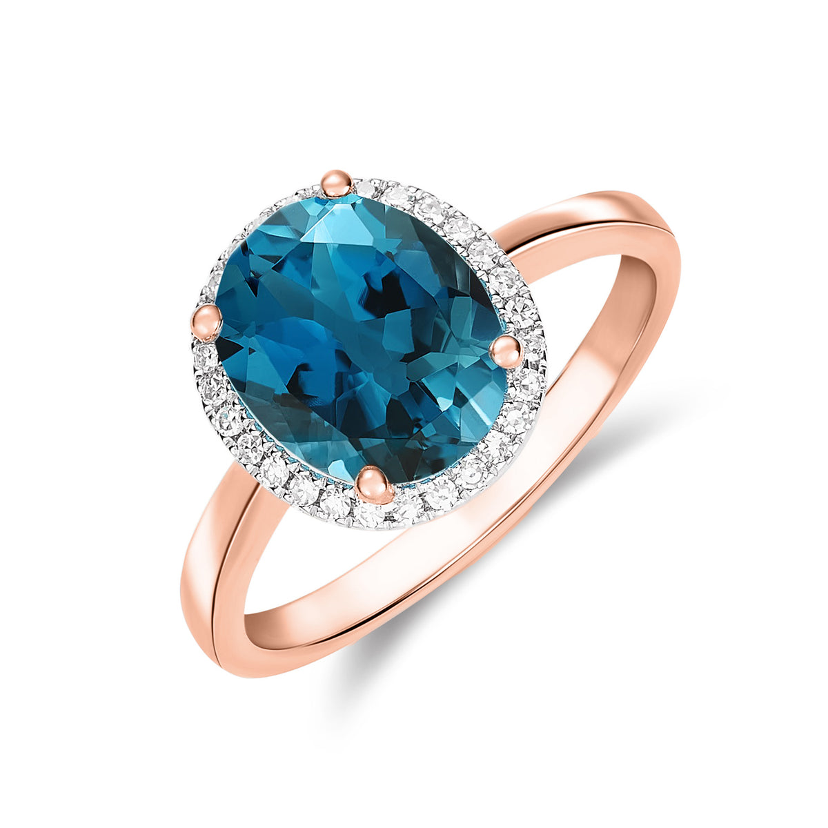 9CT RG 10X8 OVAL LONDON BLUE TOPAZ AND DIAMOND CLAW SET CLUSTER RING. RHODIUM TO DIAMONDS