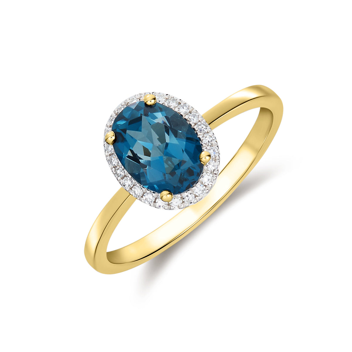 9CT YG 8X6 OVAL LONDON BLUE TOPAZ AND DIAMOND CLAW SET CLUSTER RING. RHODIUM TO DIAMONDS