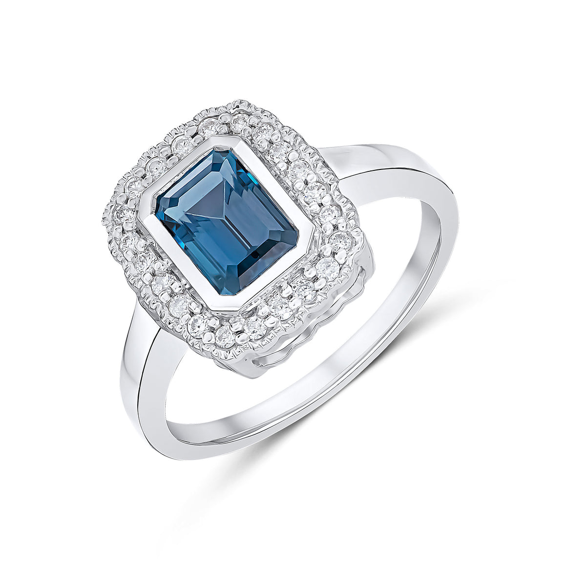 9CT WG RUBOVER 7X5 OCTAGON LONDON BLUE TOPAZ AND DIAMOND CLUSTER RING WITH MILLEGRAIN EDGE.
