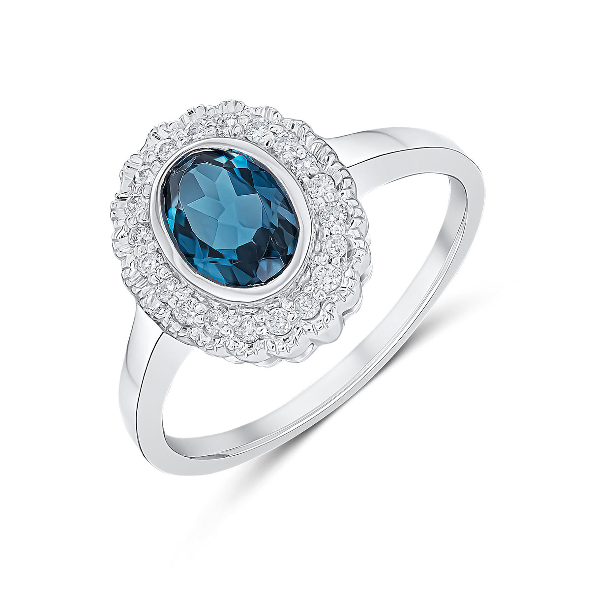 9CT WHITE GOLD RUBOVER OVAL LONDON BLUE TOPAZ AND MILLEGRAIN ROUND DIAMOND CLUSTER RING