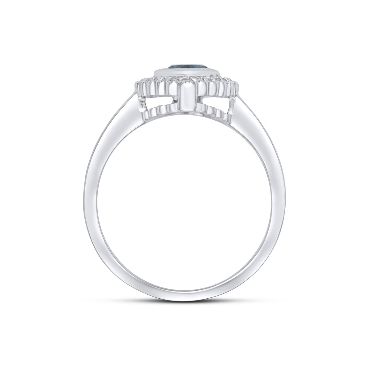 9CT WHITE GOLD PEARSHAPE RUBOVER LONDON BLUE TOPAZ AND MILLEGRAIN ROUND DIAMOND CLUSTER RING
