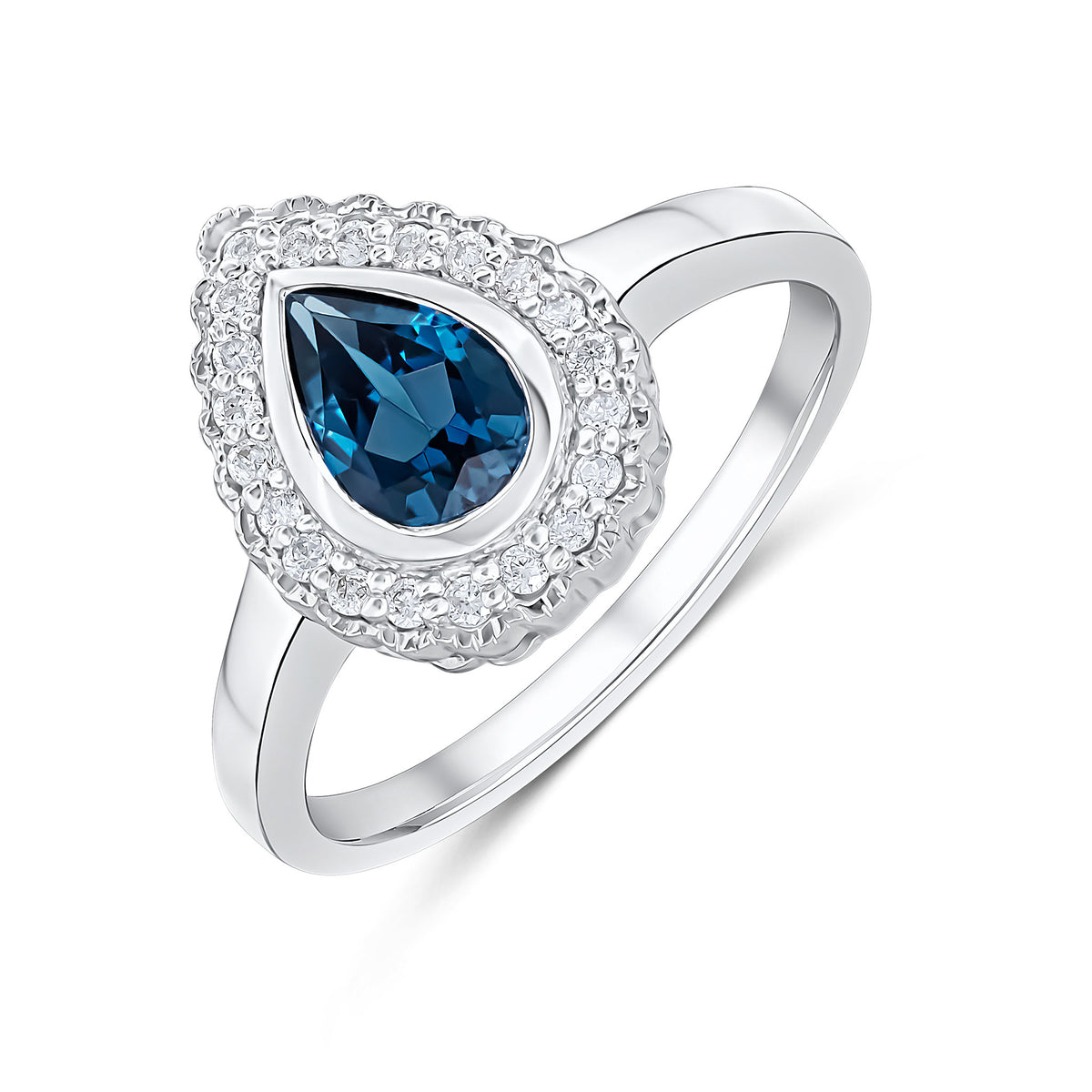 9CT WHITE GOLD PEARSHAPE RUBOVER LONDON BLUE TOPAZ AND MILLEGRAIN ROUND DIAMOND CLUSTER RING