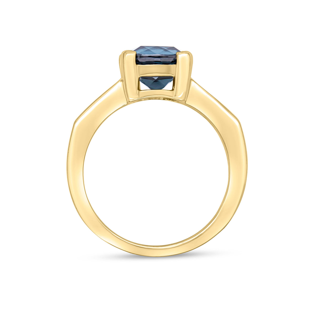9CT YG CLAW SET CUSHION LONDON BLUE TOPAZ SINGLE STONE RING WITH CHANNEL SET DIAMOND SHOULDERS