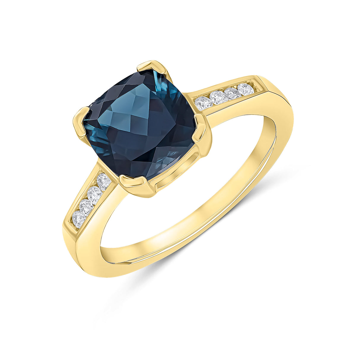 9CT YG CLAW SET CUSHION LONDON BLUE TOPAZ SINGLE STONE RING WITH CHANNEL SET DIAMOND SHOULDERS