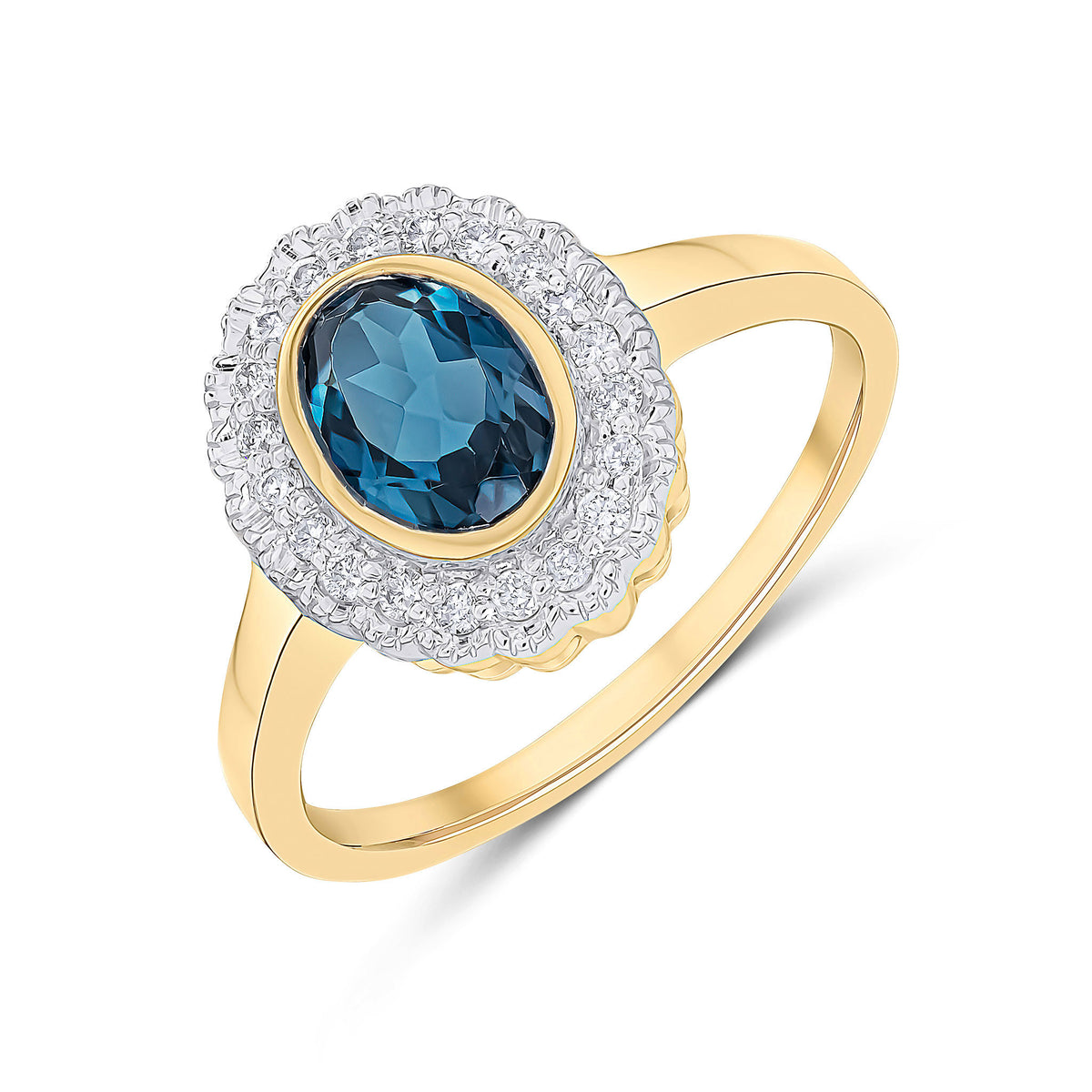 9CT YG RUBOVER OVAL LONDON BLUE TOPAZ AND MILLEGRAIN ROUND DIAMOND CLUSTER RING. RHODIUM TO DIAMONDS
