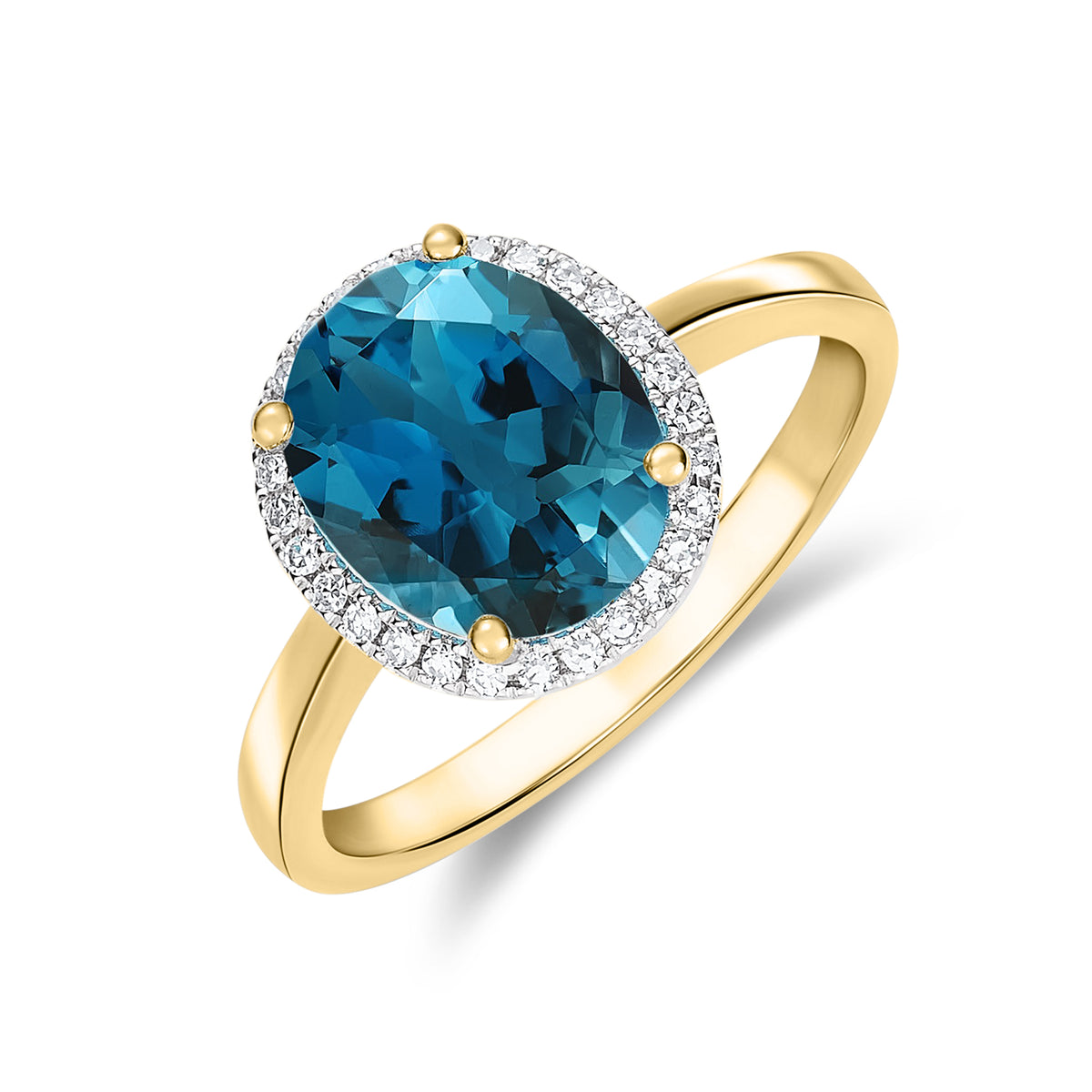 9CT YG 10X8 OVAL LONDON BLUE TOPAZ AND DIAMOND CLAW SET CLUSTER RING. RHODIUM TO DIAMONDS