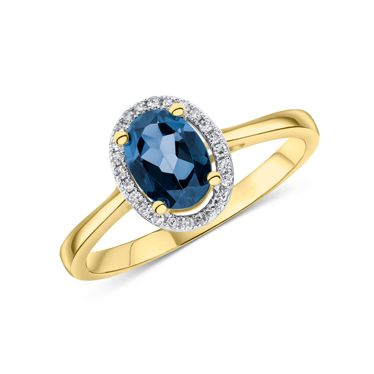 9CT YG 7X5 OVAL LONDON BLUE TOPAZ & ROUND DIAMOND HALO CLUSTER RING. RHODIUM TO DIAMONDS