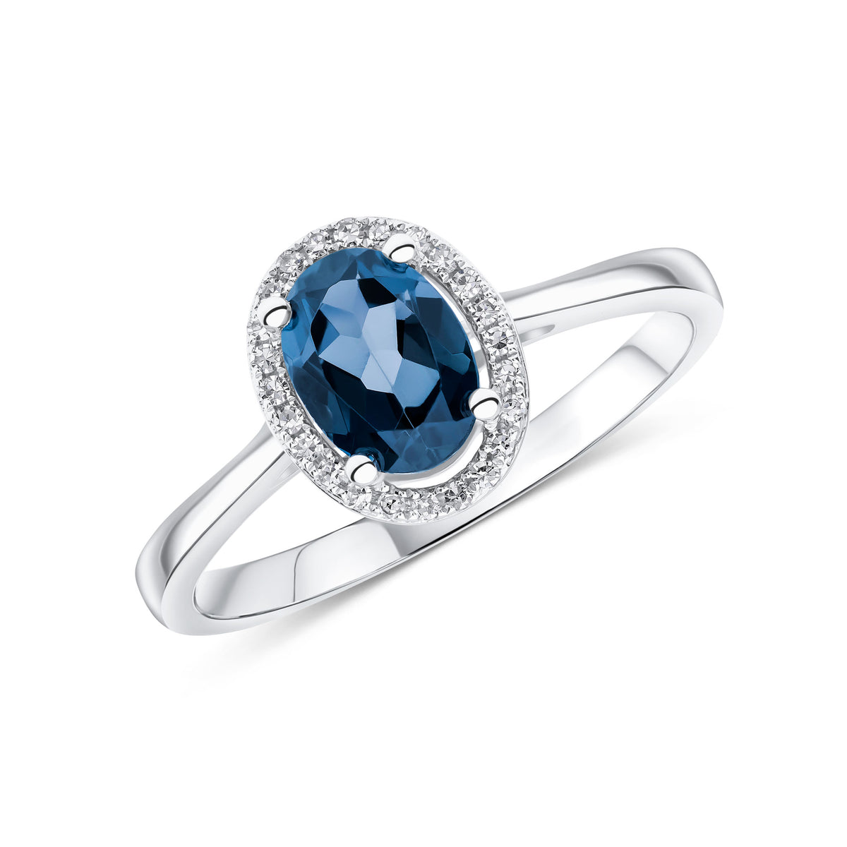 9CT WG 7X5 OVAL LONDON BLUE TOPAZ & ROUND DIAMOND HALO CLUSTER RING