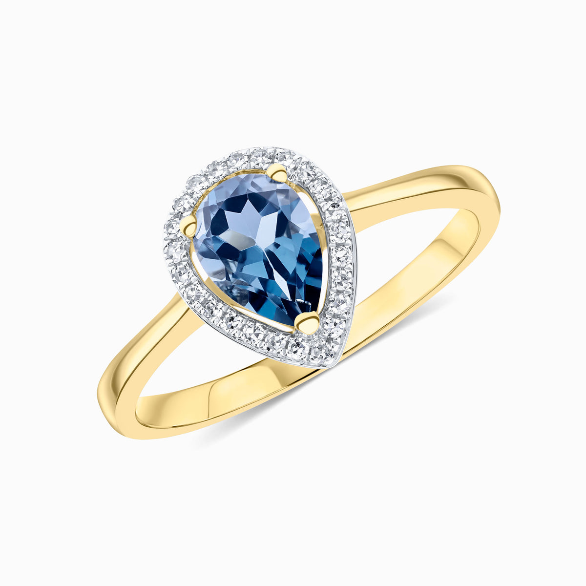 9CT YG 7X5 PEARSHAPE LONDON BLUE TOPAZ & ROUND DIAMOND CLAW SET HALO CLUSTER RING. RHODIUM TO DIAMONDS