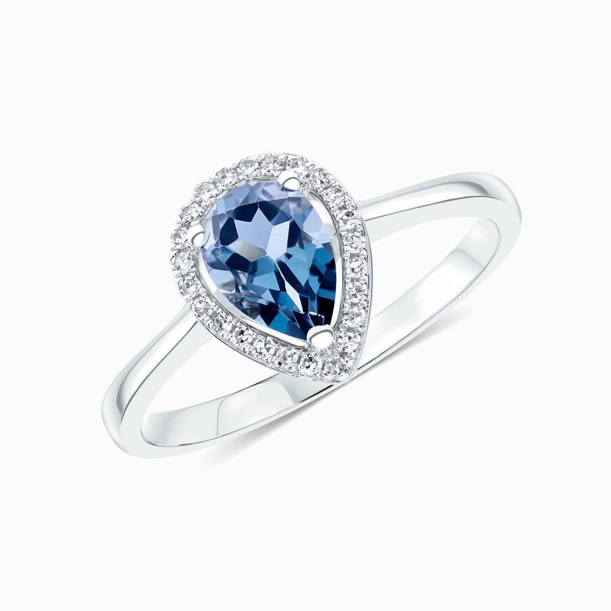 9CT WG 7X5 PEARSHAPE LONDON BLUE TOPAZ & ROUND DIAMOND CLAW SET HALO CLUSTER RING