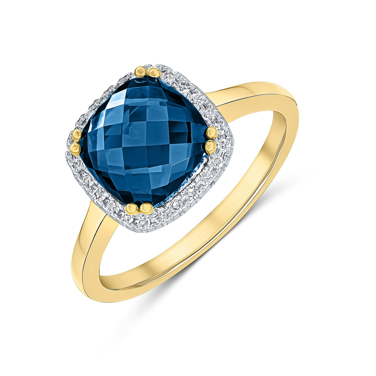 9CT YG 8MM CHECKERBOARD CUT CUSHION LONDON BLUE TOPAZ AND ROUND DIAMOND CLAW SET CLUSTER RING. RHODIUM TO DIAMONDS