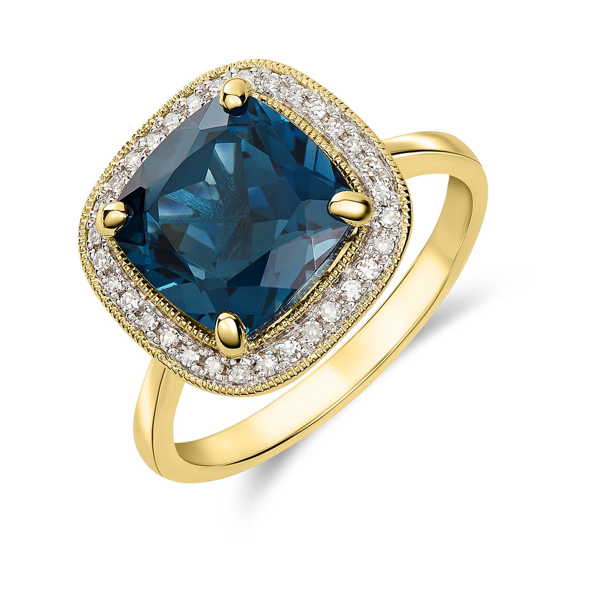 9CT YG 9MM CUSHION LONDON BLUE TOPAZ AND DIAMOND CLUSTER RING WITH MILLEGRAIN EDGE. RHODIUM TO DIAMONDS