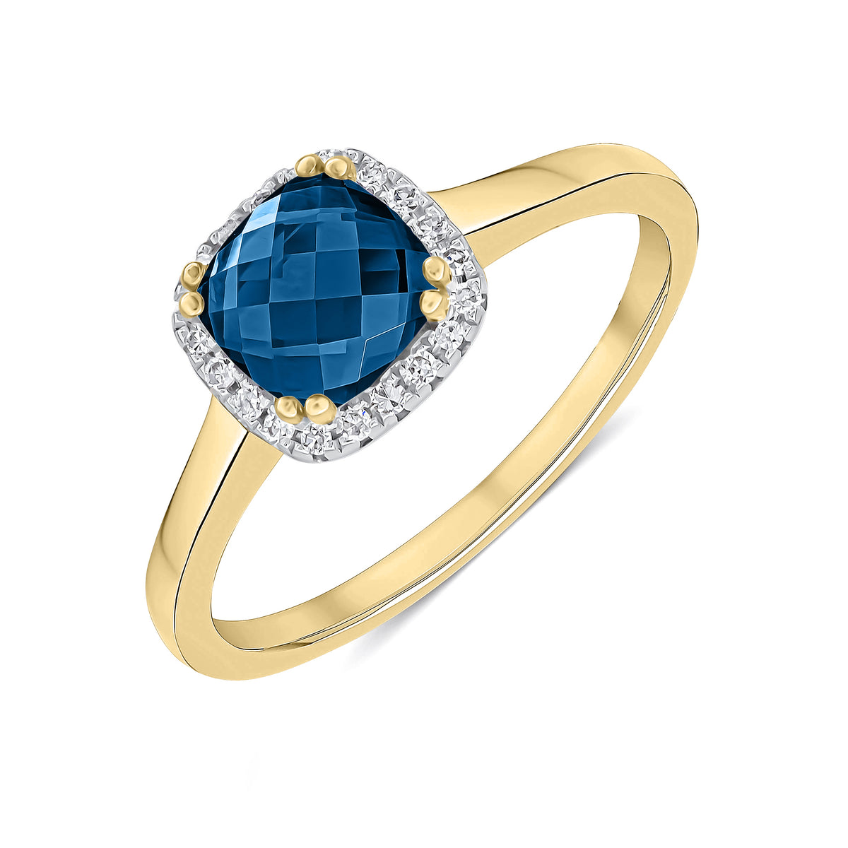 9CT YG 6MM CHECKERBOARD CUT CUSHION LONDON BLUE TOPAZ AND ROUND DIAMOND CLAW SET CLUSTER RING.  RHODIUM TO DIAMONDS