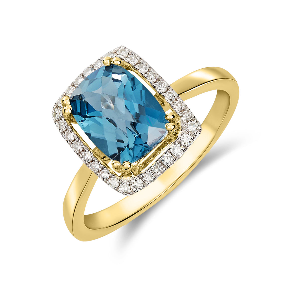 9CT YG 8X6 OCTAGONAL CUSHION CHECKERBOARD CUT LONDON BLUE TOPAZ AND DIAMOND HALO CLUSTER RING.  RHODIUM TO DIAMONDS