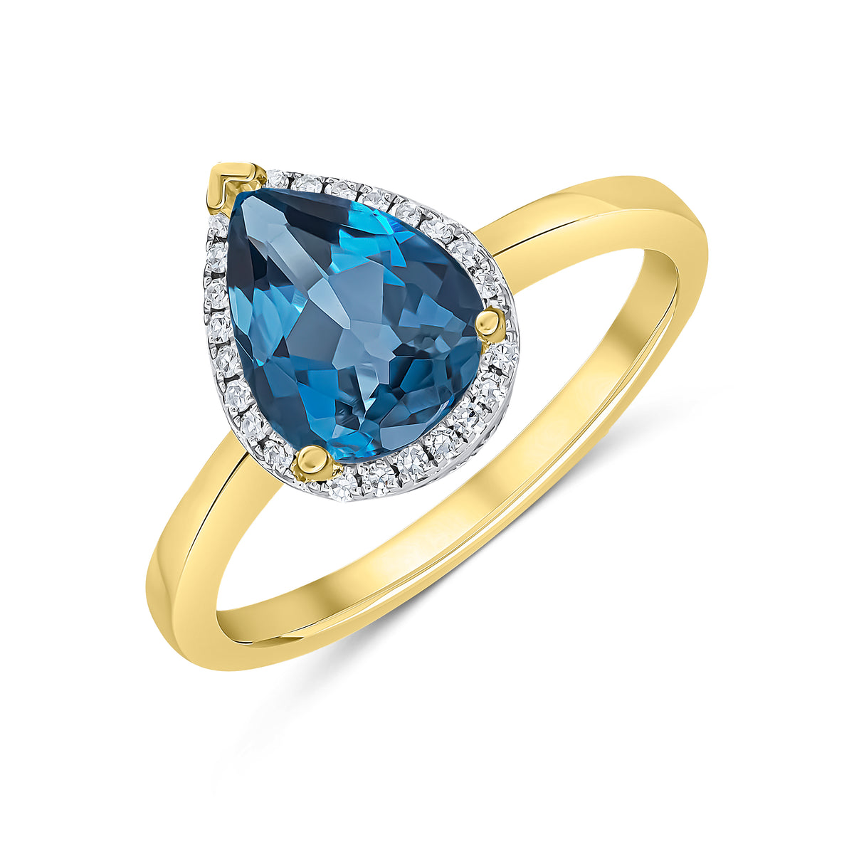 9CT YG 9X7 PEARSHAPE LONDON BLUE TOPAZ & DIAMOND CLAW SET CLUSTER RING.  RHODIUM TO DIAMONDS