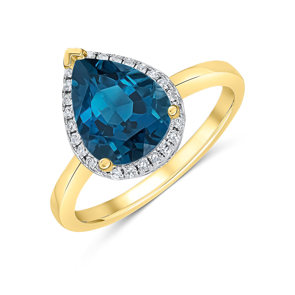 9CT YG 10X8 PEAR LONDON BLUE TOPAZ & DIAMOND CLUSTER RING