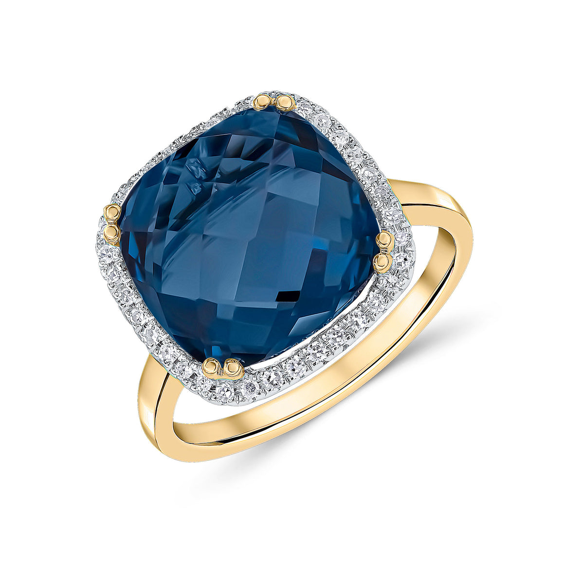 9CT YG 12MM CHECKERBOARD CUT CUSHION LONDON BLUE TOPAZ & ROUND DIAMOND CLAW SET CLUSTER RING