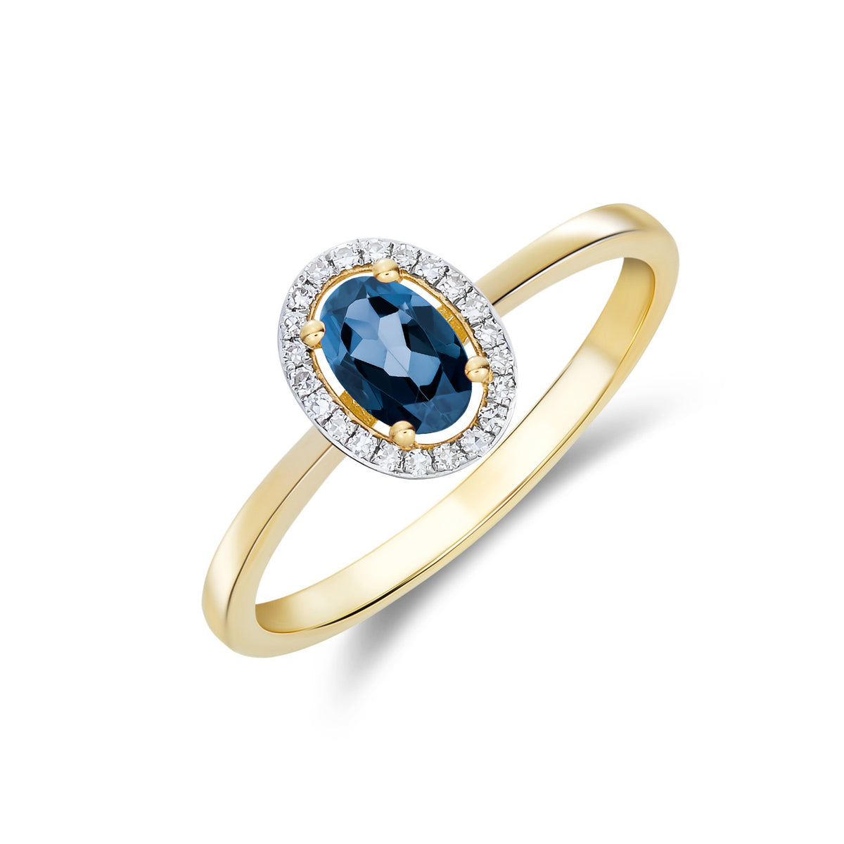9CT YG 6X4 OVAL LONDON BLUE TOPAZ AND ROUND DIAMOND HALO CLUSTER RING