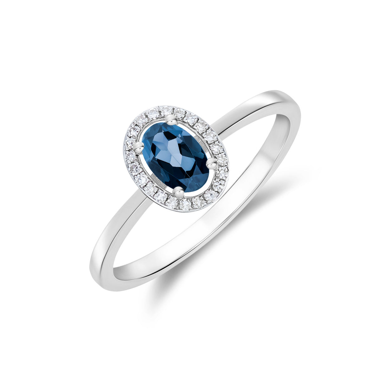 9CT WG 6X4 OVAL LONDON BLUE TOPAZ AND ROUND DIAMOND HALO CLUSTER RING