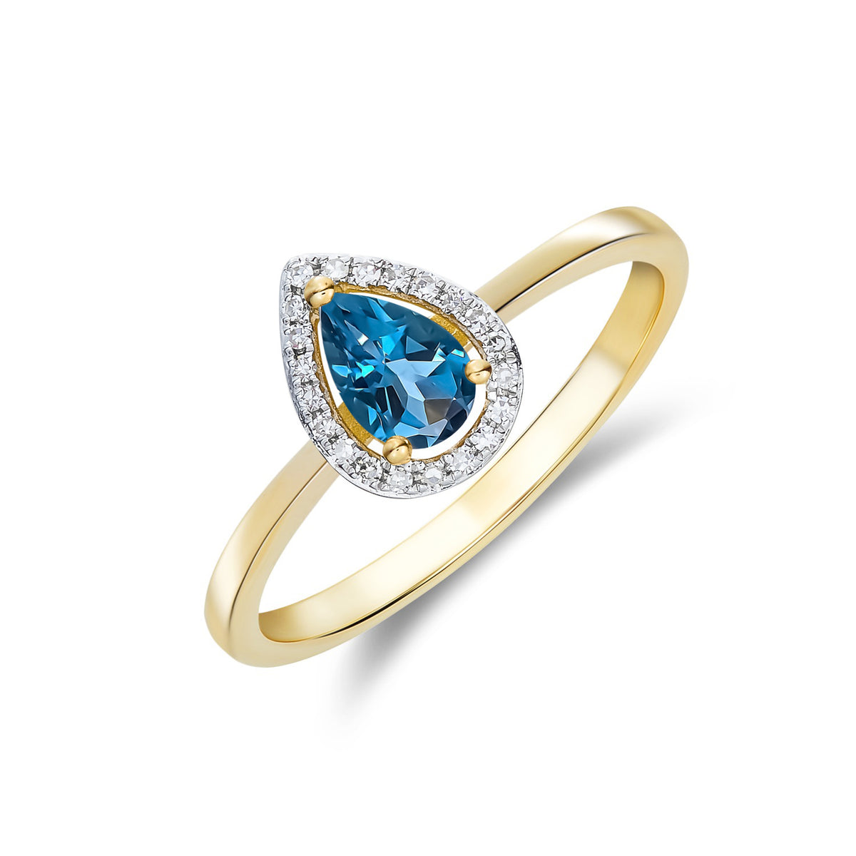 9CT YG 6X4 PEARSHAPE LONDON BLUE TOPAZ & DIAMOND HALO CLAW CLUSTER RING