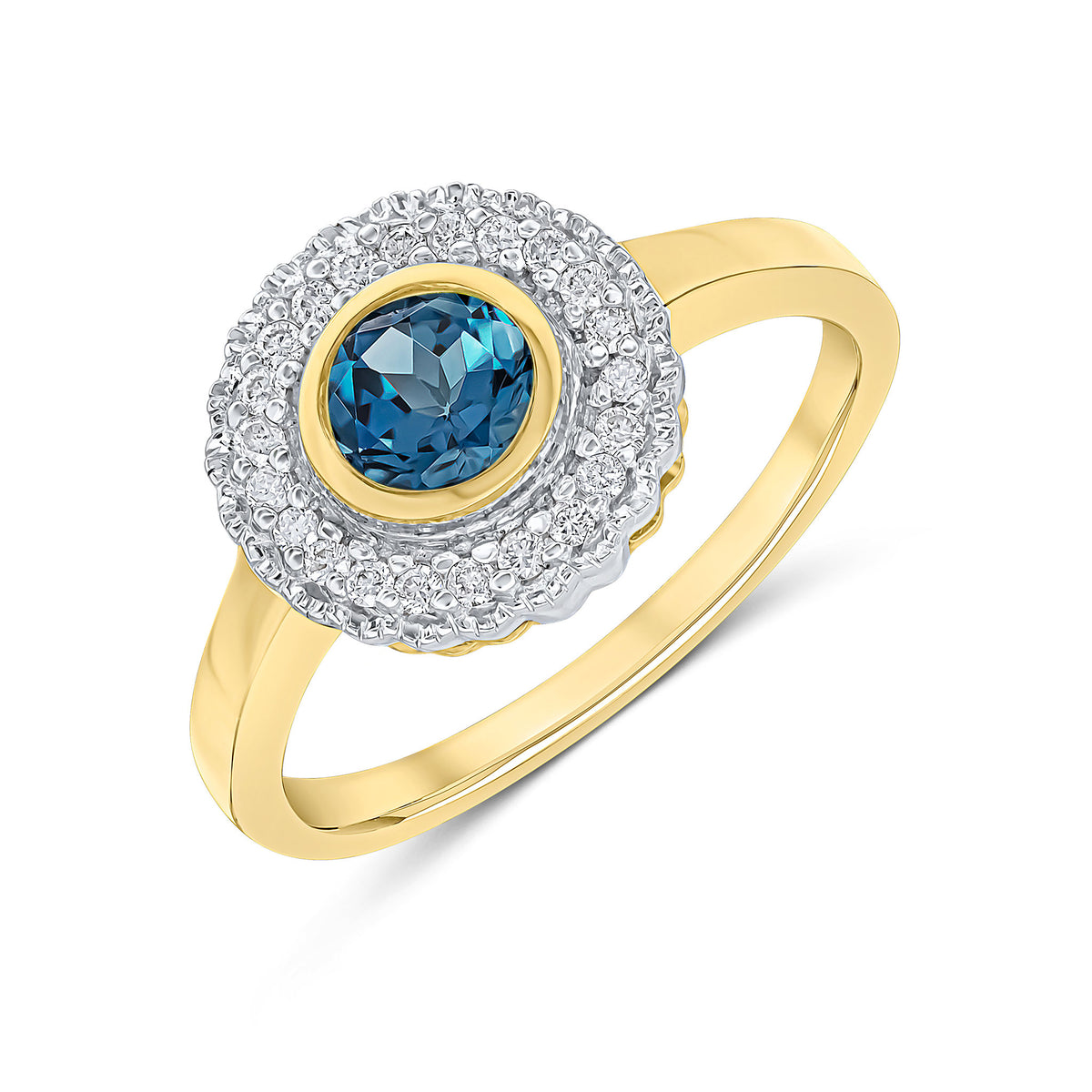 9CT YELLOW GOLD ROUND RUBOVER LONDON BLUE TOPAZ AND MILLEGRAIN ROUND DIAMOND CLUSTER RING. RHODIUM TO DIAMONDS