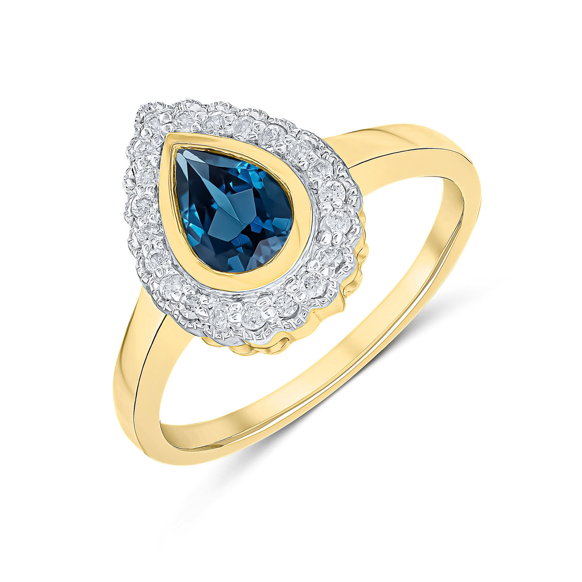 9CT YELLOW GOLD PEARSHAPE RUBOVER LONDON BLUE TOPAZ AND MILLEGRAIN ROUND DIAMOND CLUSTER RING. RHODIUM TO DIAMONDS