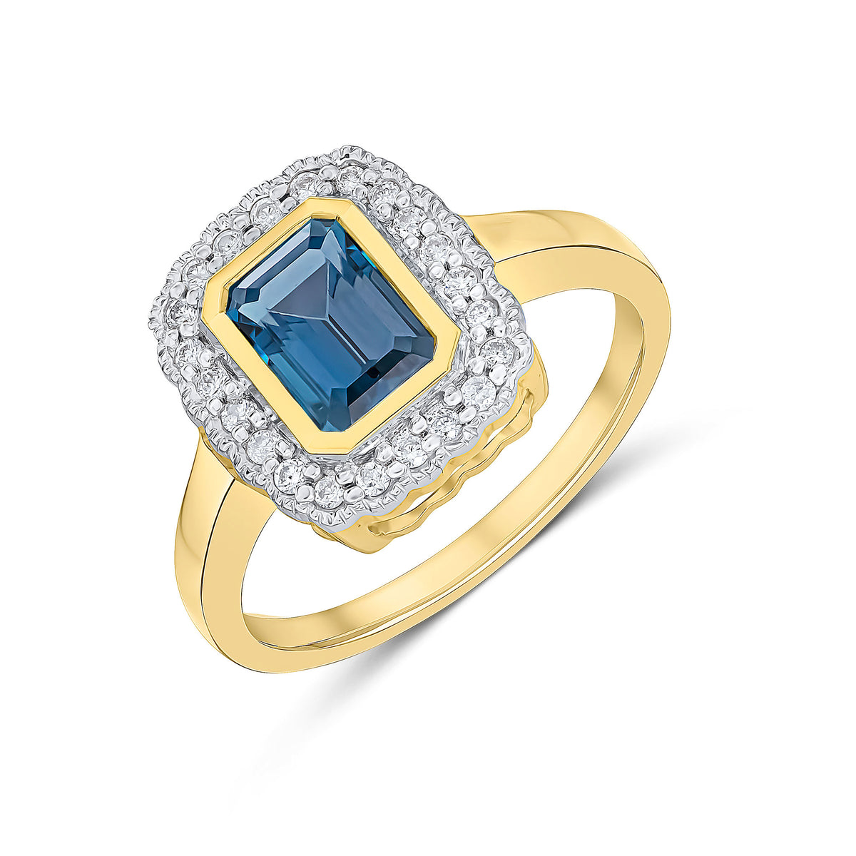 9CT YG RUBOVER 7X5 OCTAGON LONDON BLUE TOPAZ AND DIAMOND CLUSTER RING WITH MILLEGRAIN EDGE. RHODIUM TO DIAMONDS