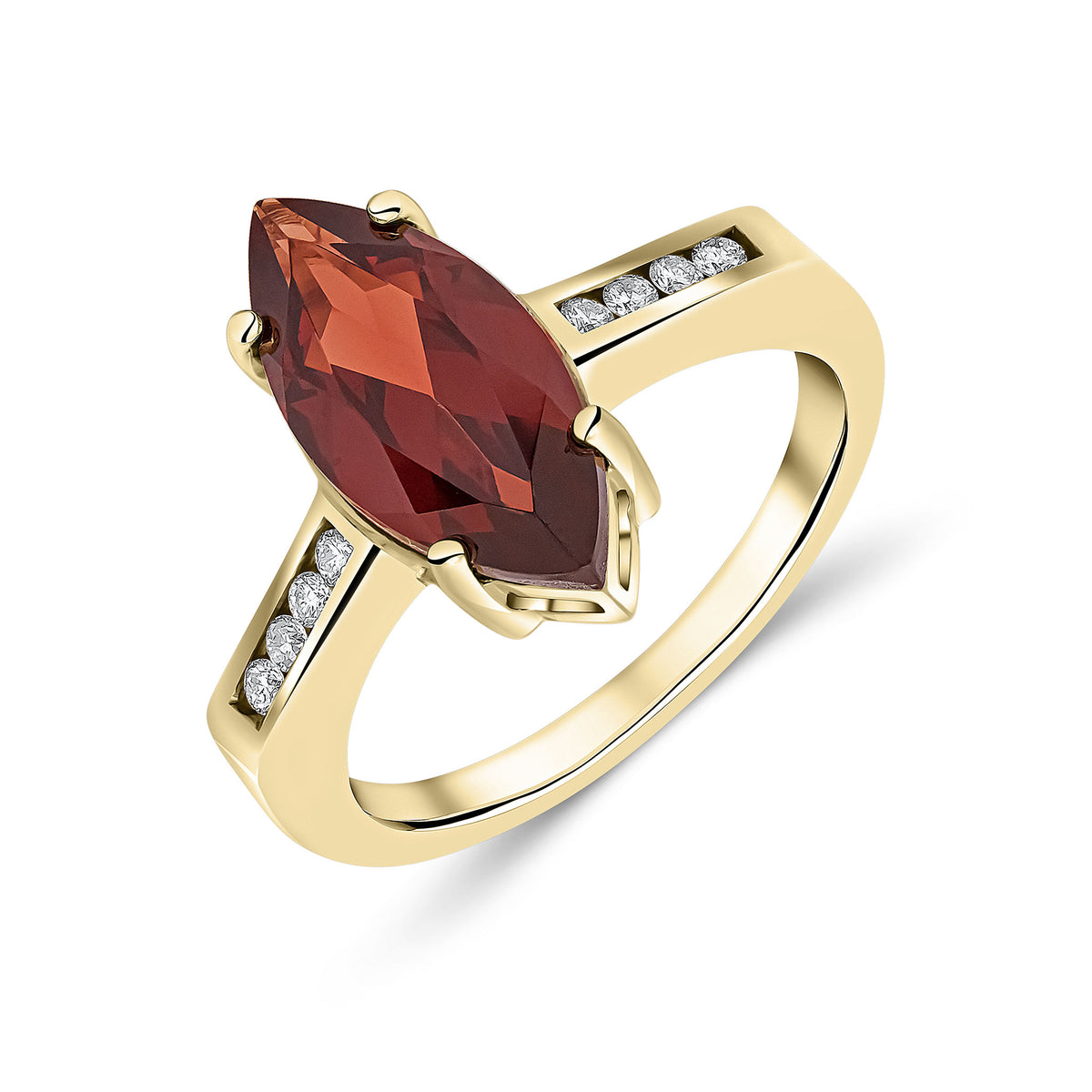 9CT YG 15X7 MARQUISE GARNET SINGLE STONE RING WITH CHANNEL SET DIAMOND SHOULDERS