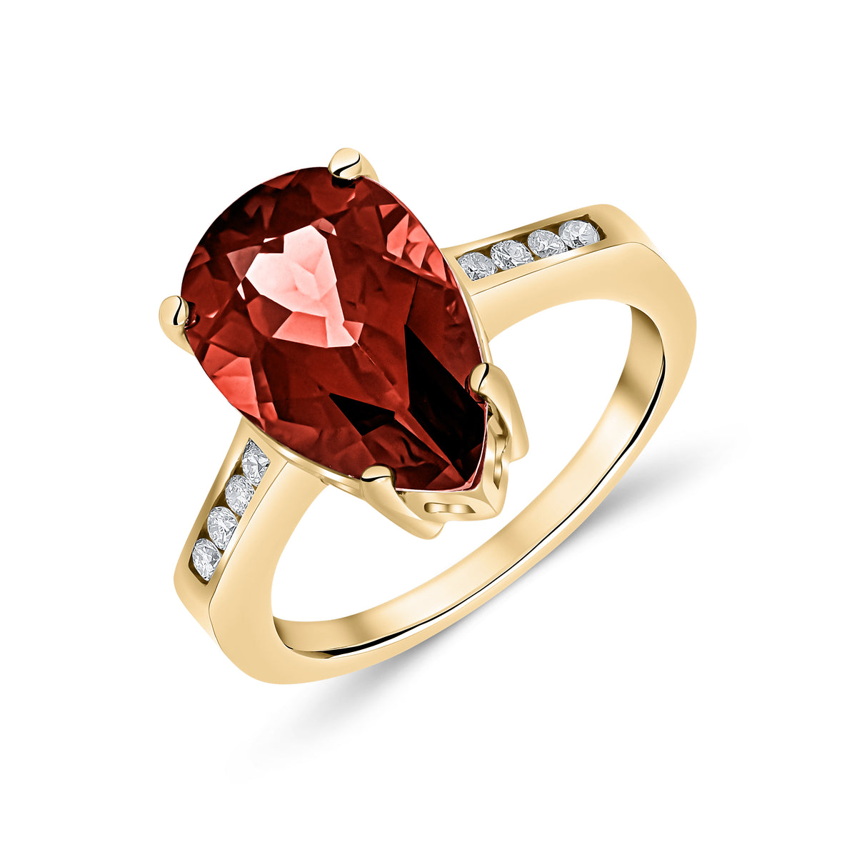 9CT YG 14X9 PEARSHAPE GARNET SINGLE STONE RING WITH CHANNEL SET DIAMOND SHOULDERS