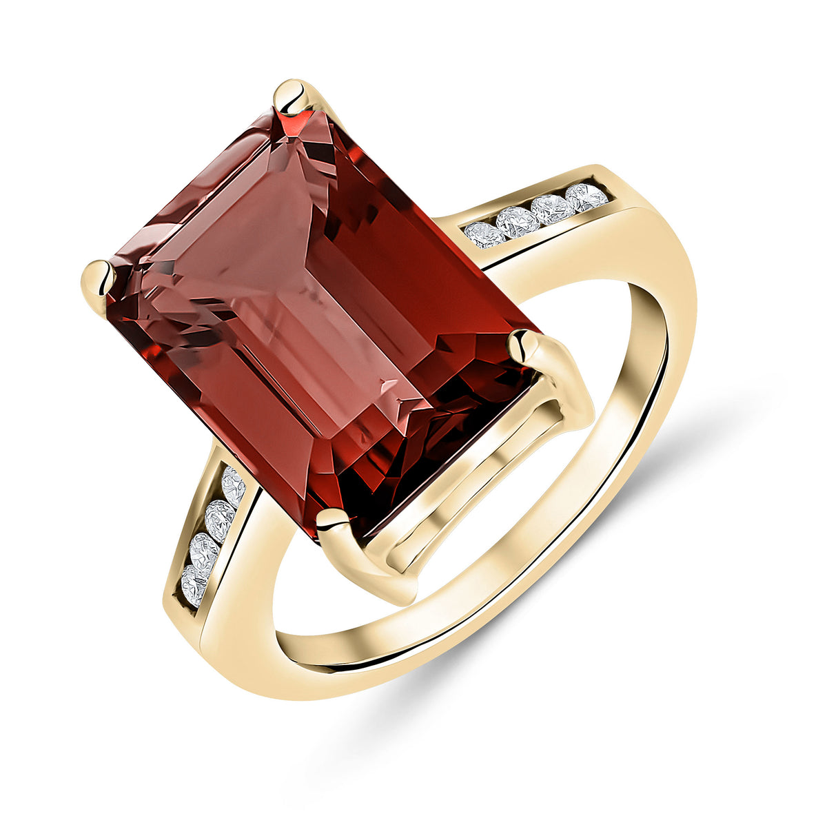 9CT YG CLAW SET 14X10 OCTAGON GARNET SINGLE STONE RING WITH ROUND DIAMOND CHANNEL SET SHOULDERS