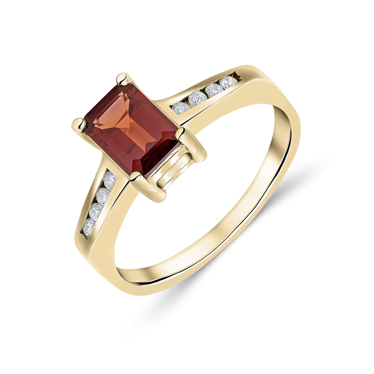 9CT YG 7X5 OCTAGON GARNET CLAW SET SINGLE STONE RING WITH CHANNEL SET DIAMOND SHOULDERS