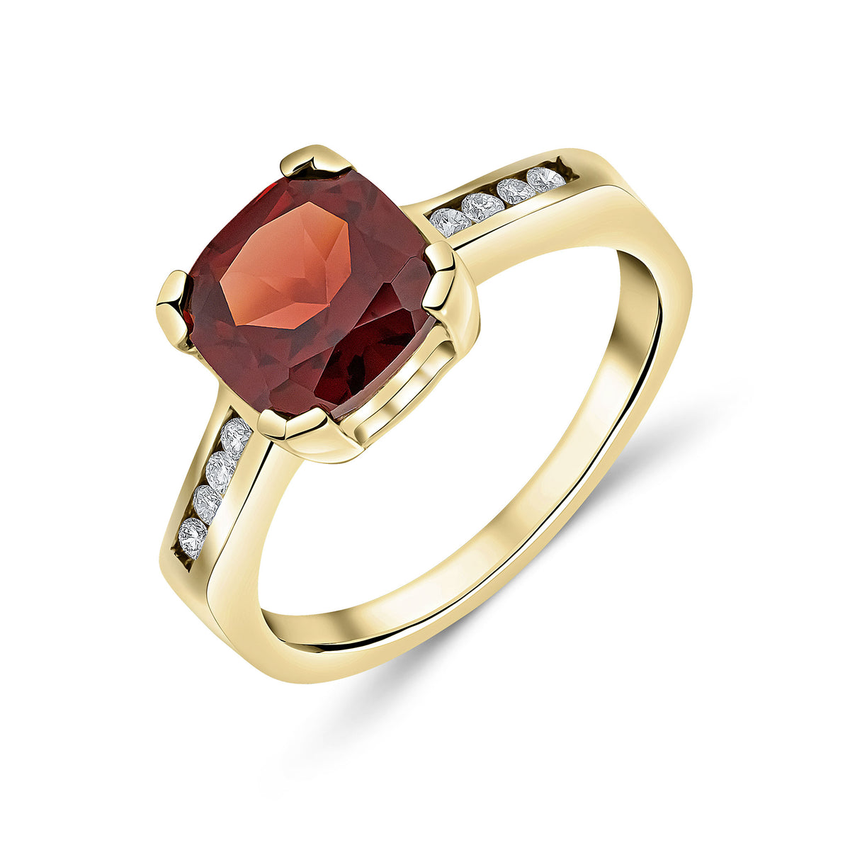 9CT YG CLAW SET CUSHION GARNET SINGLE STONE RING WITH CHANNEL SET DIAMOND SHOULDERS
