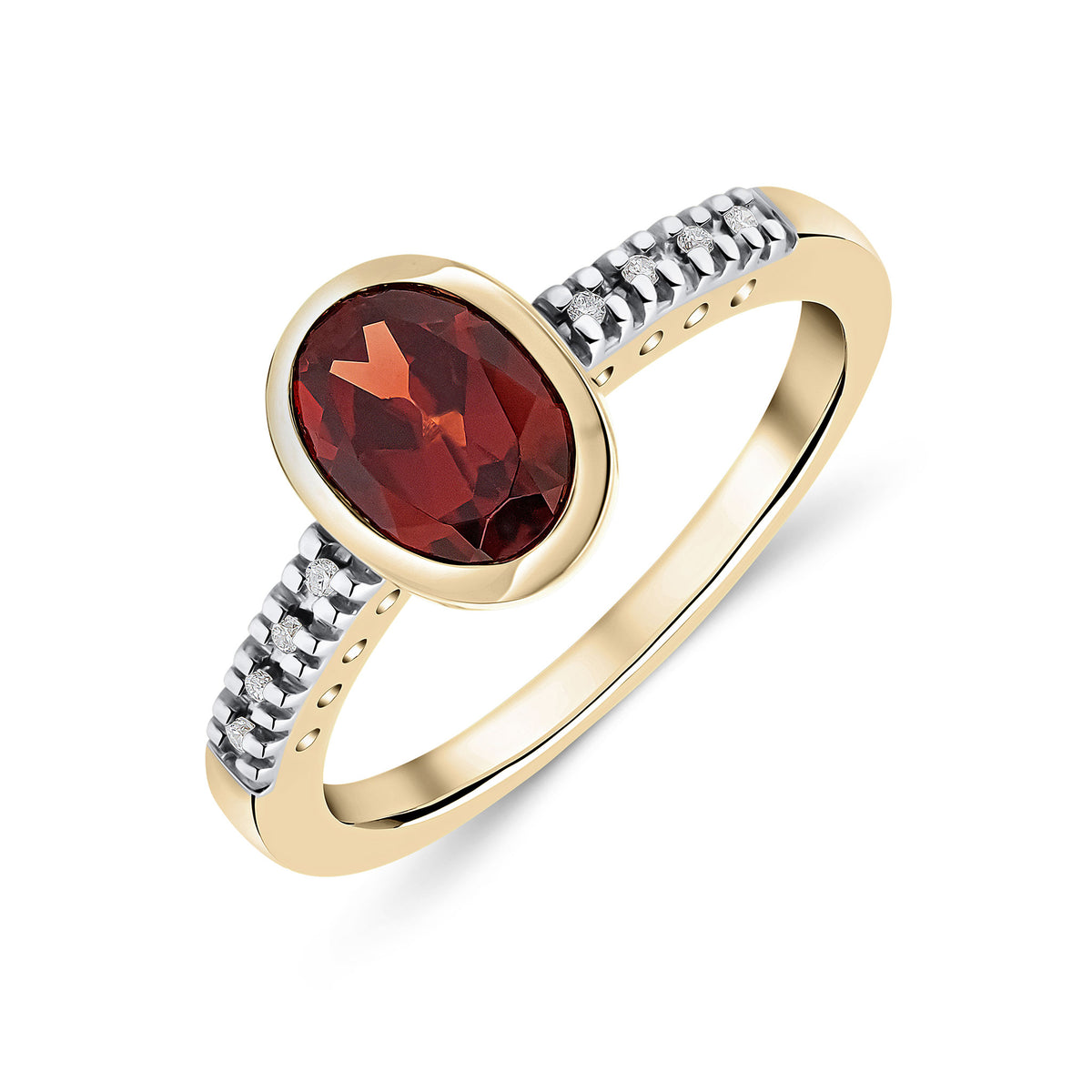9CT YG RUBOVER 8X6 OVAL GARNET SINGLE STONE RING WITH CLAW SET DIAMOND SHOULDERS. RHODIUM TO DIAMONDS
