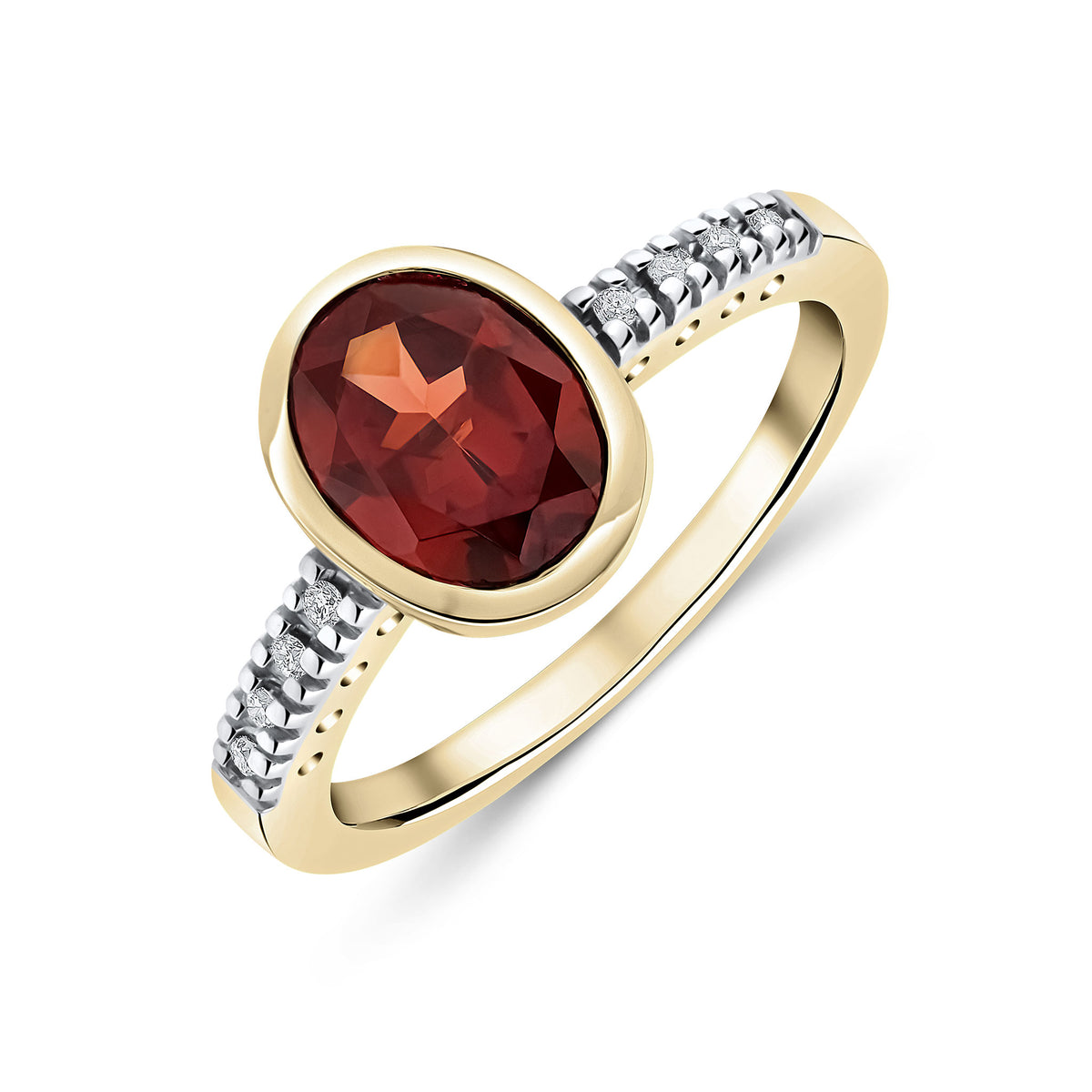 9CT YG RUBOVER 9X7 OVAL GARNET SINGLE STONE RING WITH CLAW SET DIAMOND SHOULDERS