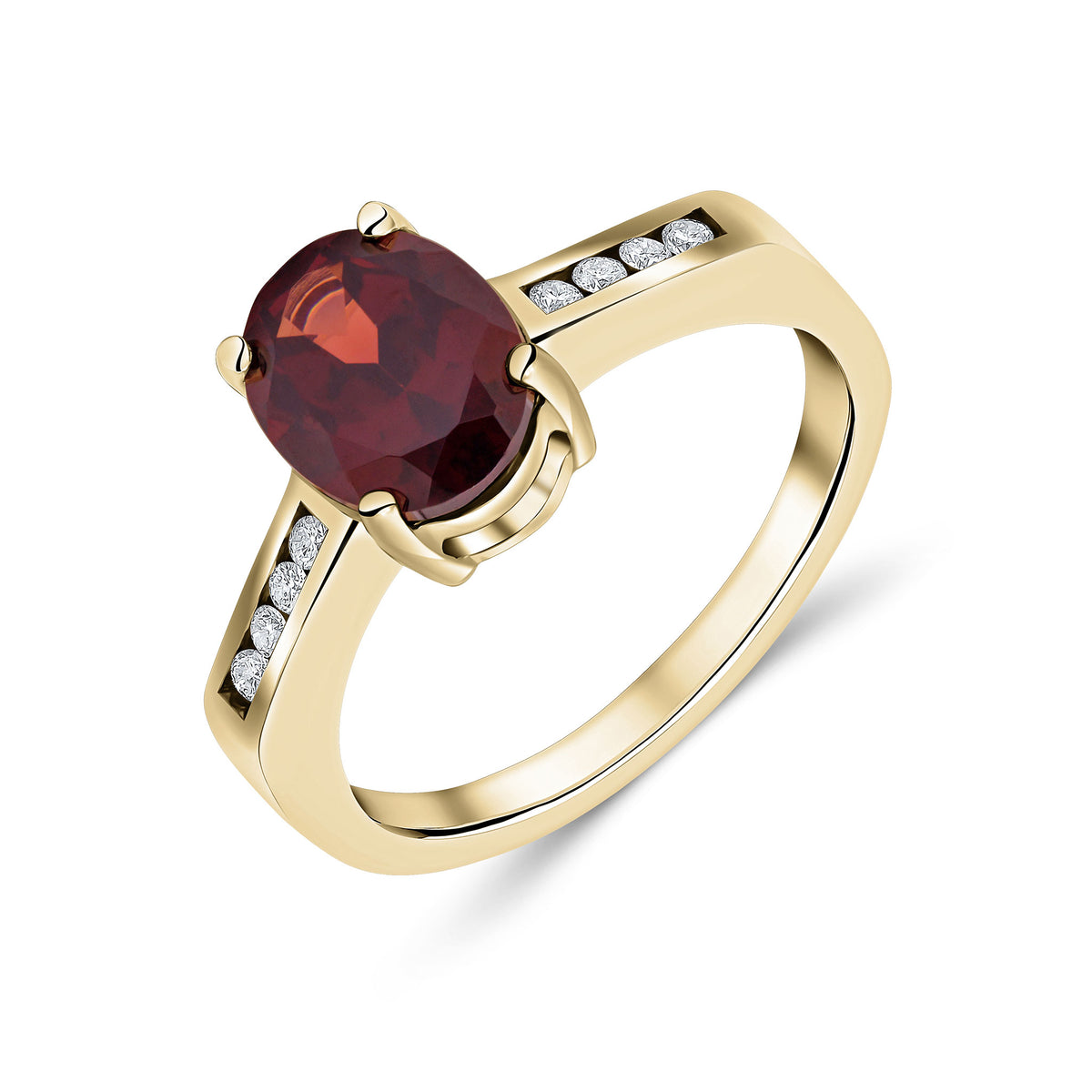 9CT YG 9X7MM CLAW SET OVAL GARNET SINGLE STONE RING WITH CHANNEL SET DIAMOND SHOULDERS