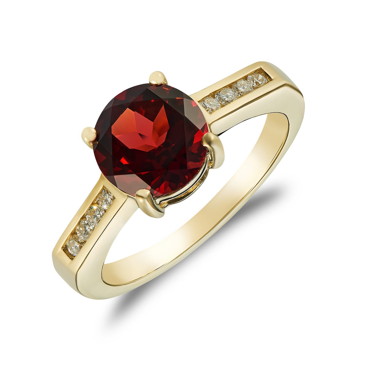 9CT YG CLAW SET 8MM ROUND GARNET SINGLE STONE RING WITH CHANNEL SET DIAMOND SHOULDERS