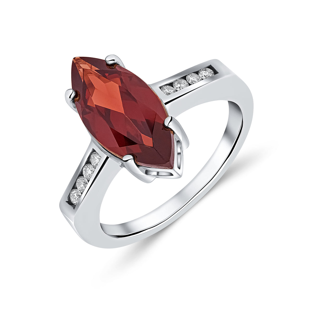 9CT WG 15X7 MARQUISE GARNET SINGLE STONE RING WITH CHANNEL SET DIAMOND SHOULDERS