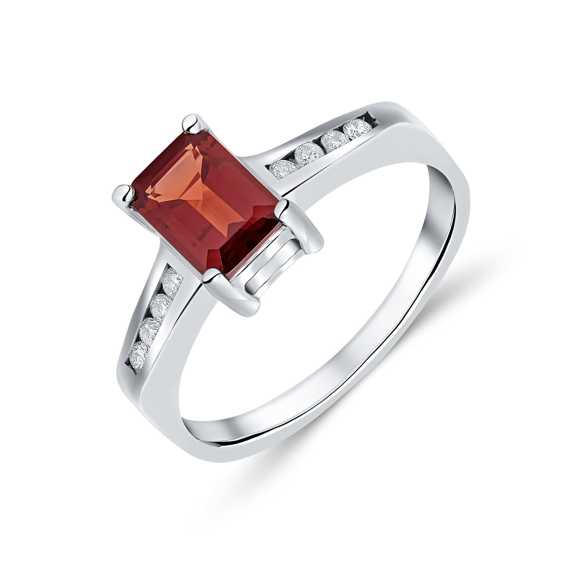 9CT WG 7X5 OCTAGON GARNET CLAW SET SINGLE STONE RING WITH CHANNEL SET DIAMOND SHOULDERS
