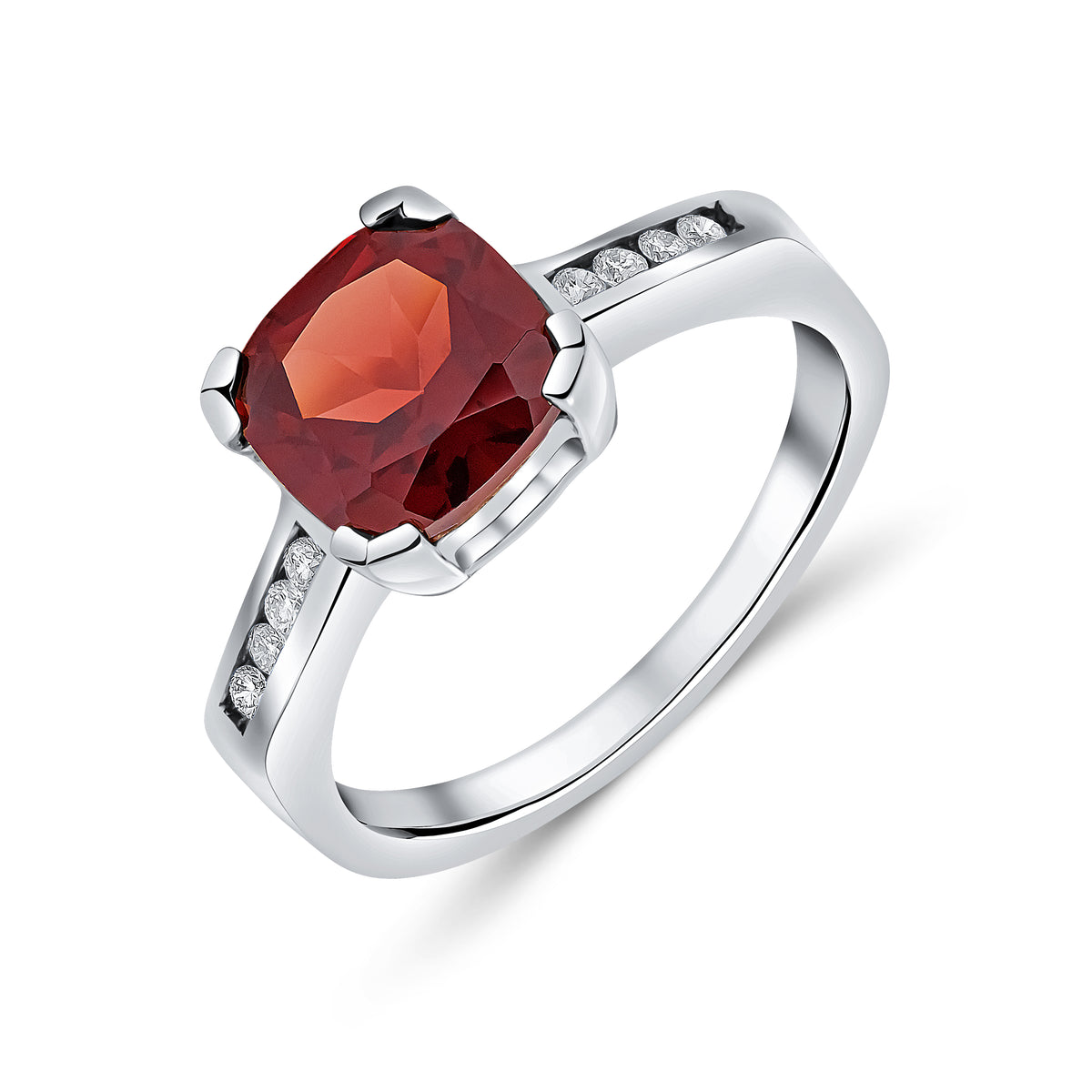 9CT WG CLAW SET CUSHION GARNET SINGLE STONE RING WITH CHANNEL SET DIAMOND SHOULDERS