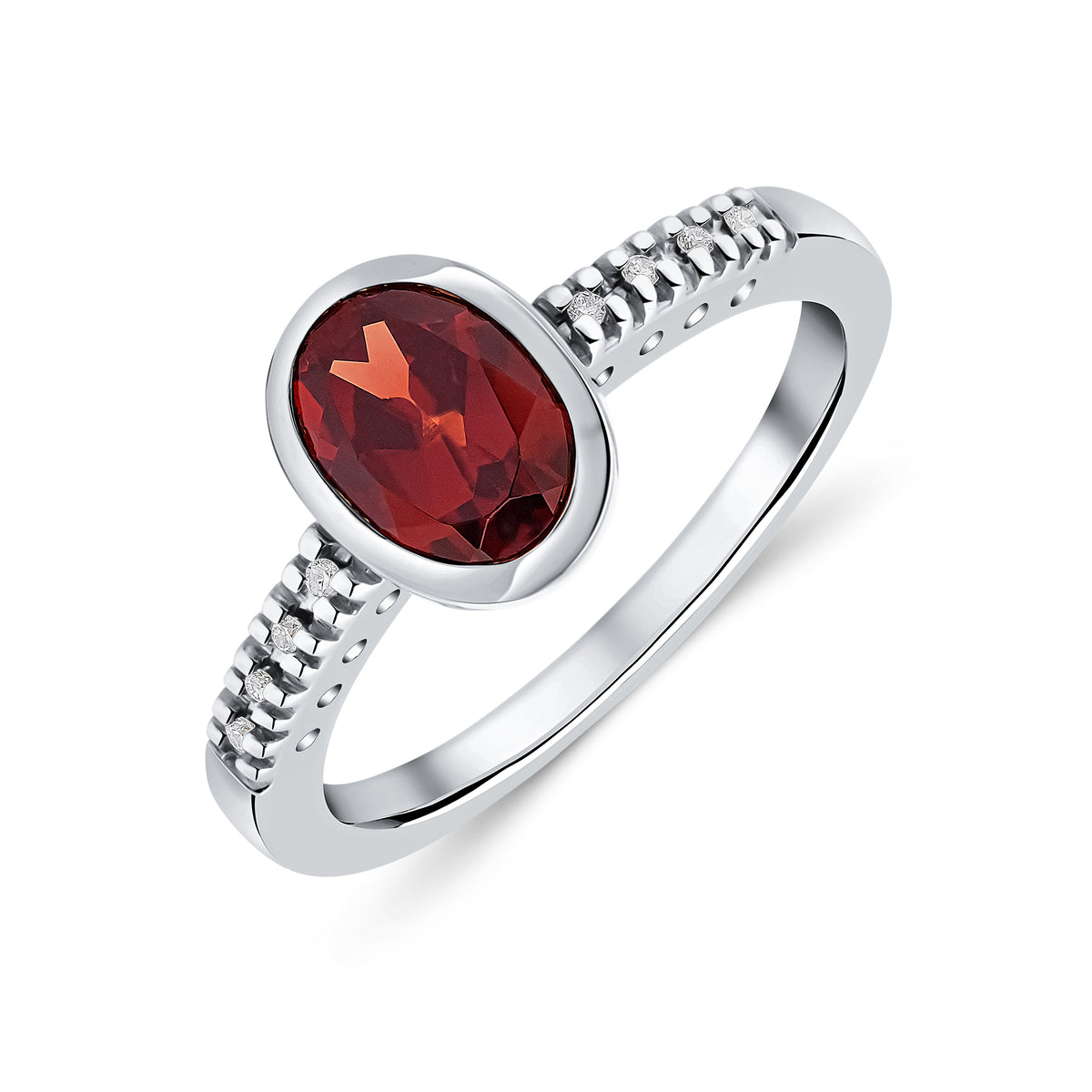 9CT WG RUBOVER 8X6 OVAL GARNET SINGLE STONE RING WITH CLAW SET DIAMOND SHOULDER