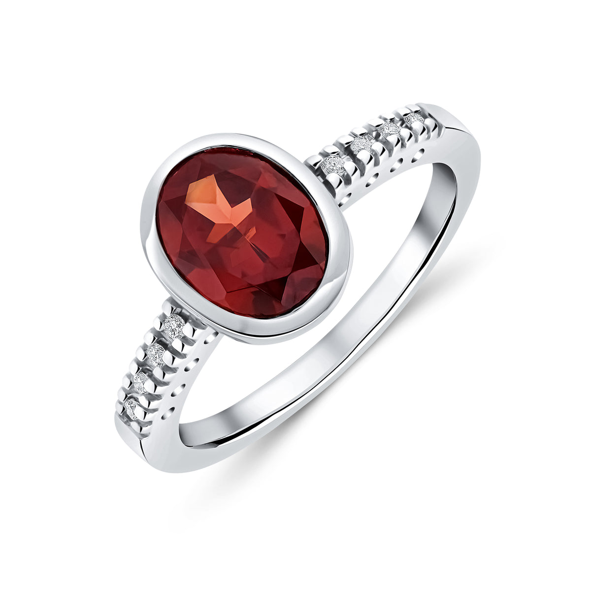 9CT WG RUBOVER 9X7 OVAL GARNET SINGLE STONE RING WITH CLAW SET DIAMOND SHOULDERS