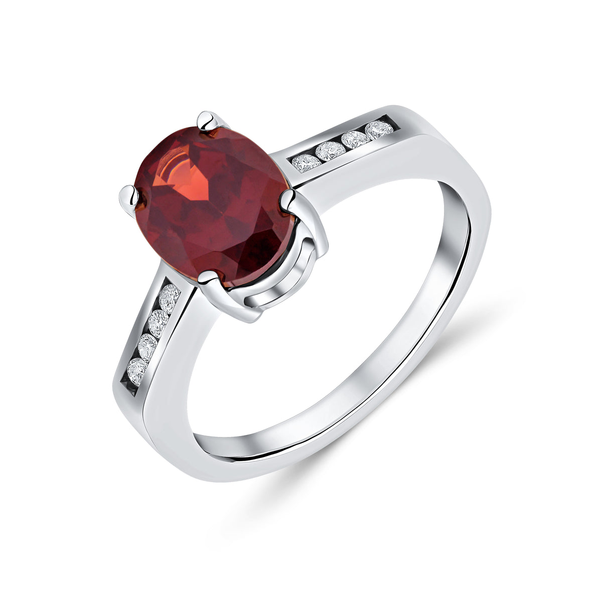 9CT WG 9X7MM CLAW SET OVAL GARNET SINGLE STONE RING WITH CHANNEL SET DIAMOND SHOULDERS